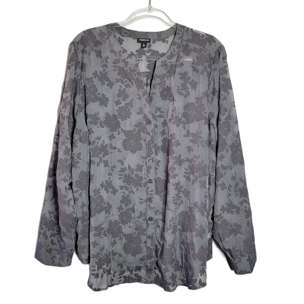 Torrid Womens Plus Size 2X Gray Floral Print Long Sleeve‎ Button Up Blouse Shirt